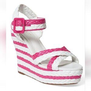Venus Jess Women's 9 Hot Pink Stripe Platform Wedge Sandals Feminine Colorful